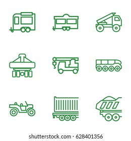 Trailer icons set. set of 9 trailer outline icons such as truck with hook, cargo plane back view, truck rocket