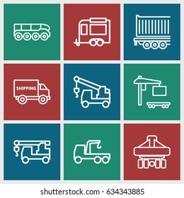 Trailer icons set. set of 9 trailer outline icons such as truck with hook, cargo truck