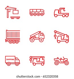 Trailer icons set. set of 9 trailer outline icons such as truck with hook, cargo truck