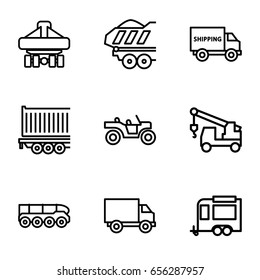 Trailer icons set. set of 9 trailer outline icons such as truck with hook, cargo plane back view