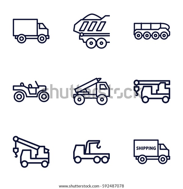 trailer icons set. Set of 9 trailer outline\
icons such as truck with hook, cargo\
trailer