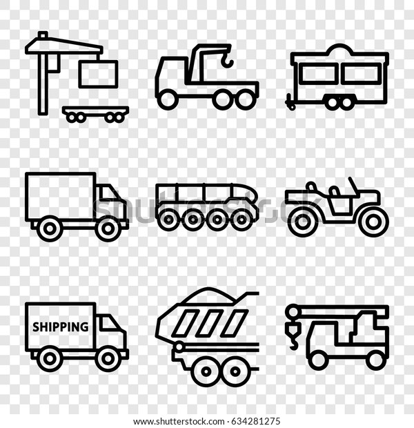 Trailer icons set. set of 9 trailer outline icons\
such as truck with\
hook
