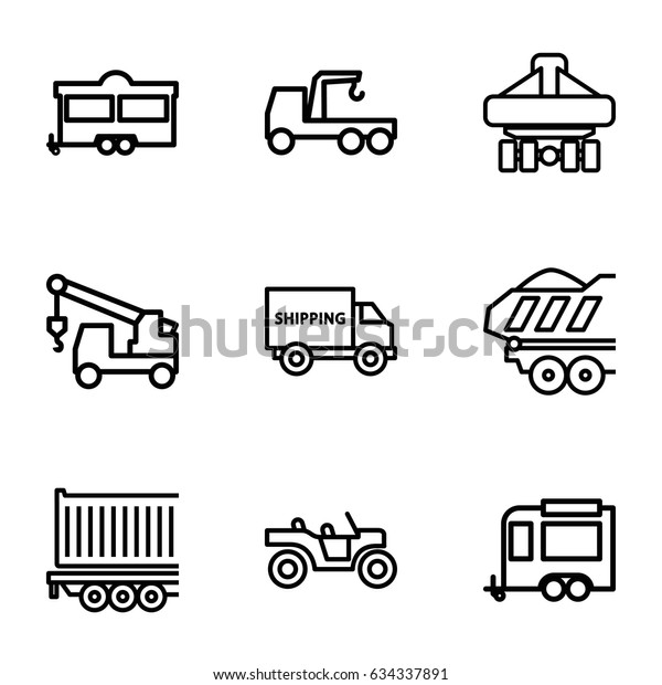 Trailer icons set.\
set of 9 trailer outline icons such as truck with hook, cargo plane\
back view, weapon\
truck