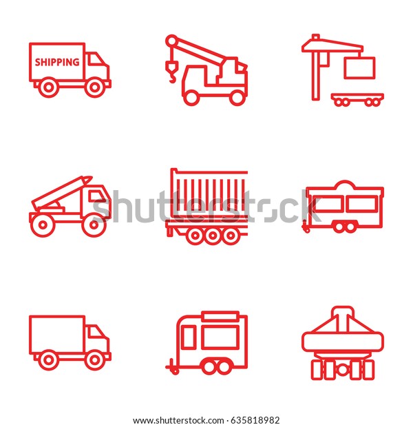Trailer icons set. set of 9 trailer outline\
icons such as truck with hook, cargo\
truck