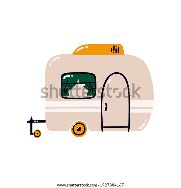 Trailer, mobile home. An illustration of a\
cartoon mobile home. Travel by car. Flat vector illustration\
isolated on a white\
background