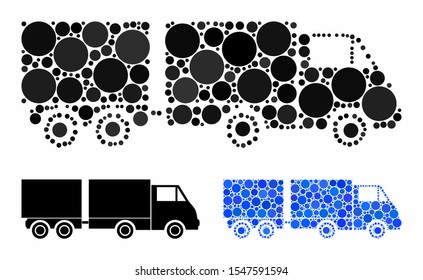 Trailer mosaic of filled circles in various sizes and color hues, based on trailer icon. Vector filled circles are organized into blue mosaic. Dotted trailer icon in usual and blue versions.