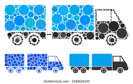 Trailer mosaic of small circles in different sizes and shades, based on trailer icon. Vector random circles are combined into blue mosaic. Dotted trailer icon in usual and blue versions.