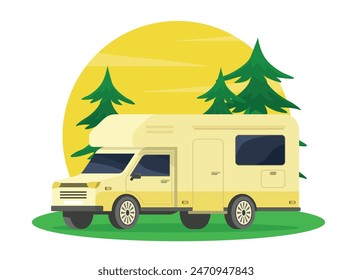 Trailer on the road against the backdrop of a bright sunset and dense forest. Flat style.