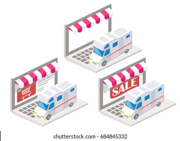 Trailer online vector illustration. Isometric 3 d camper car or motor home for sale or rental on laptop keyboard. Online shopping, e-commerce concept design elements isolated on white background.