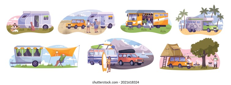 Trailer park with motor homes and trailers on beach river bank in forest mountains and relaxing human characters flat set isolated vector illustration