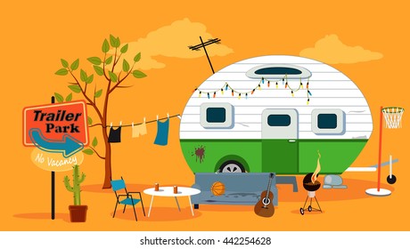 Trailer Park Scene With A Caravan Trailer, EPS 8 Vector Illustration, No Transparencies