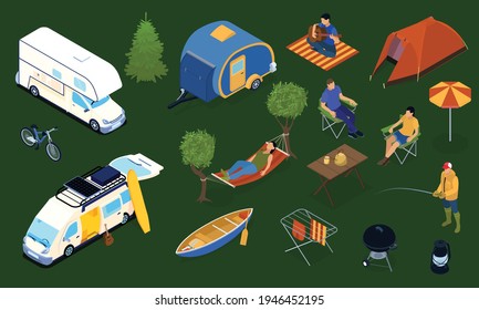 Trailer Park With Tent Boat Bike Furniture And Resting People 3d Icons Set Isolated On Green Background Isometric Vector Illustration