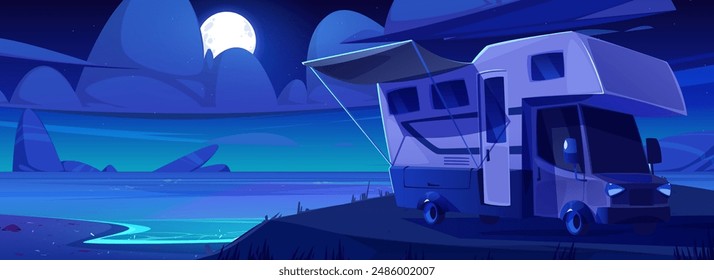 Trailer parked on night summer beach. Vector cartoon illustration of lakeside camp, dark sea coast with grass and sand, rocky stones in water, full moon and stars glowing in cloudy sky, holiday travel