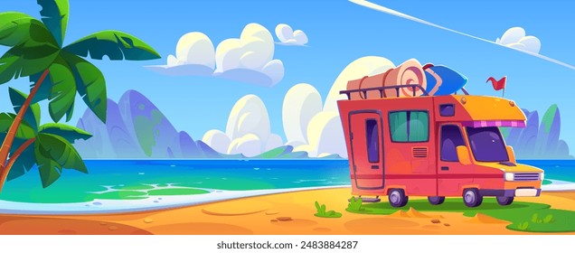 Avance aparcado en la playa de verano. Ilustración de dibujos animados de Vector de campamento de playa en la costa de arena con hierba verde, palmeras tropicales, montañas en el horizonte, equipaje en la parte superior de la camioneta, cielo soleado, viaje de vacaciones