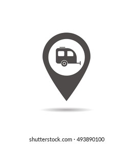 Trailer Parking Spot Icon. Drop Shadow Silhouette Symbol. Pinpoint Mark With Trailer. Negative Space. Vector Isolated Illustration