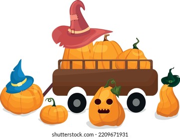 trailer with pumpkins for Halloween. Vector cartoon illustration.
