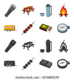 Trailer, shish kebab, matches, compass. Camping set collection icons in black,cartoon style vector symbol stock illustration web.