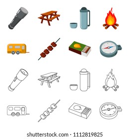 Trailer, shish kebab, matches, compass. Camping set collection icons in cartoon,outline style vector symbol stock illustration web.