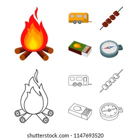 Trailer, shish kebab, matches, compass. Camping set collection icons in cartoon,outline style vector symbol stock illustration web.