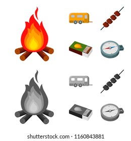 Trailer, shish kebab, matches, compass. Camping set collection icons in cartoon,monochrome style vector symbol stock illustration web.