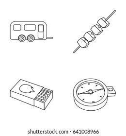 Trailer, shish kebab, matches, compass. Camping set collection icons in outline style vector symbol stock illustration web.