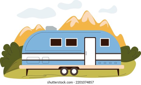 Trailer For Summer Vacation, Small Bus For Traveling Long Distances. Caravan Or RV For Weekends. Vehicle With Conveniences, Sleeping Space And Preparing Food. Landscape And Car. Vector In Flat Style