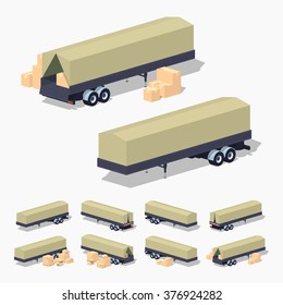 Trailer with the tarpaulin tent. 3D lowpoly isometric vector illustration. The set of objects isolated against the white background and shown from different sides