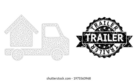 Trailer textured seal imitation and vector house trailer mesh structure. Black stamp seal has Trailer text inside ribbon and rosette. Abstract flat mesh house trailer, designed with flat mesh.