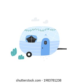 Trailer, casa pequeña, casa móvil sobre ruedas. Reducción de tamaño, vida compacta. Ilustración de dibujos animados de vectores aislados en fondo blanco.