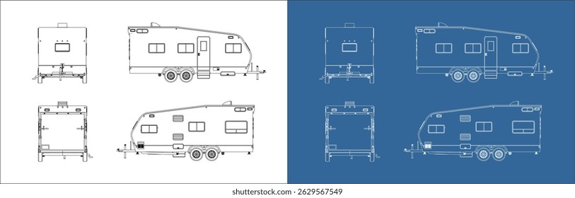 Trailer Toy Hauler plano técnico desenho conceito de transporte ilustração com todo o lado isolado em um fundo transparente