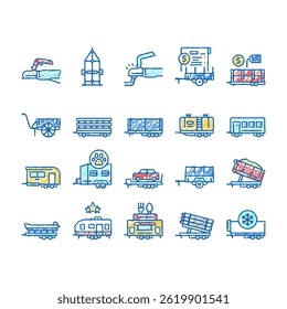 Trailer Transport Collection doodle icons set vector. Trailer For Transportation Animal Passenger, Car Boat, Rocket Petrol sketch hand drawn
