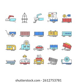 Trailer Transport Collection Icons Set Vector. Trailer For Transportation Animal And Passenger, Car And Boat, Rocket And Petrol Concept Linear Pictograms. Contour Color Illustrations