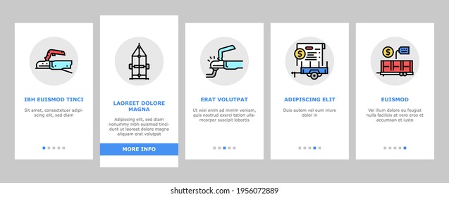 Trailer Transport Onboarding Mobile App Page Screen Vector. Trailer For Transportation Animal And Passenger, Car And Boat, Rocket And Petrol Illustrations