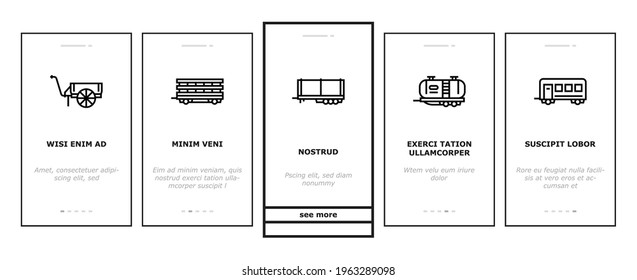 Trailer Transport Onboarding Mobile App Page Screen Vector. Trailer For Transportation Animal And Passenger, Car And Boat, Rocket And Petrol Illustrations