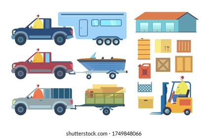 Trailer transportation concept set. Logistics center, online delivery service, shipping. A variety of trucks, cargo, trailers. Warehouse building and forklift. Vector flat illustration, cartoon style