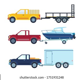 Trailer transportation set. Logistics, online delivery service, shipping by truck. A variety of trucks, cargo, trailers. Vector flat illustration, cartoon style