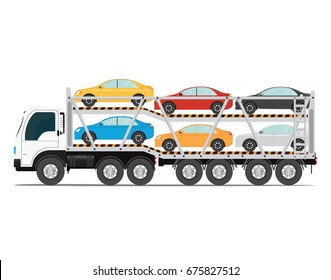 The trailer transports cars with new auto, truck trailer transport vehicles isolated on white background, vector illustration.