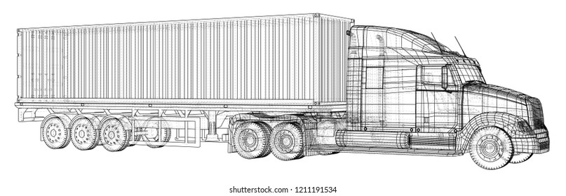 Trailer truck. Abstract drawing. Tracing illustration of 3d