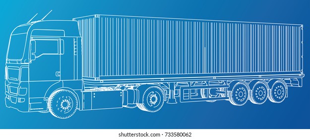 Trailer truck. Abstract drawing. Tracing illustration of 3d