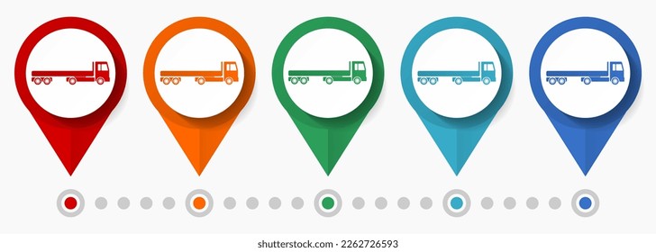 Trailer, conjunto de iconos vectoriales de concepto de camión, punteros de transporte de diseño plano, plantilla infográfica fácil de editar