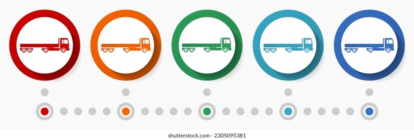 Trailer, truck concept vector icon set, infographic template, flat design colorful web buttons in 5 color options