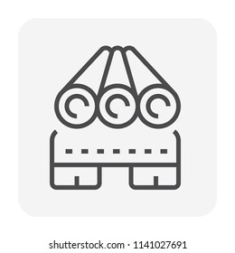 Trailer truck and hauling transportation steel pipe vector icon. That oversize delivery for pipeline construction for oil gas in power and energy industry or water supply in plumbing. 64x64 pixel.