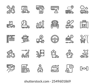 Conjunto de iconos de línea delgada relacionados con el transporte logístico de camiones de Avance en fondo transparente, concepto de transporte y envío de carga terrestre, línea de trazo editable de iconos perfectos de 48x48 píxeles para diseño