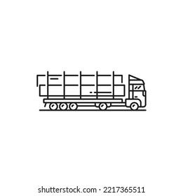 Trailer truck long vehicle isolated outline icon. Vector car transports steel pipes, pipeline transportation machine, pipe transporting truck thin line symbol. Gas and oil industry transport