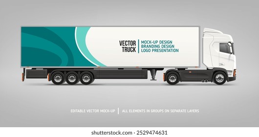 Trailer Truck mockup com fundo gráfico de marca abstrata. Caminhão de carga com design de marca azul abstrato - vetor editável. Semirreboque moderno para faixa horizontal AD. Marca do veículo