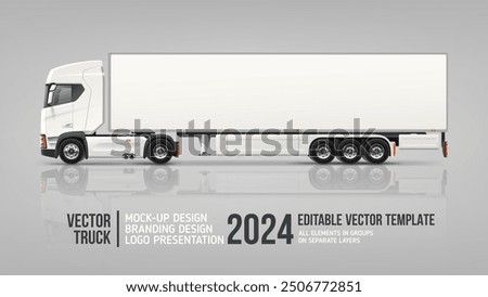 Trailer Truck Side view blank mockup. White Cargo Truck with space for text or your branding design - realistic editable vector template. Horizontal blank mock uo semi truck trailer for AD banner