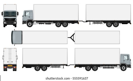 Trailer truck vector mock up for advertising, corporate identity. Isolated template of the box truck on white. Vehicle branding mockup. Easy to edit and recolor. View from side, front, back and top.