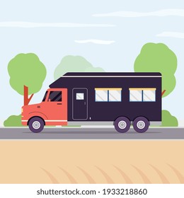 Trailer van car on summer road - blue and red transport vehicle riding past trees on nature background. Flat vector illustration of camper home ride.