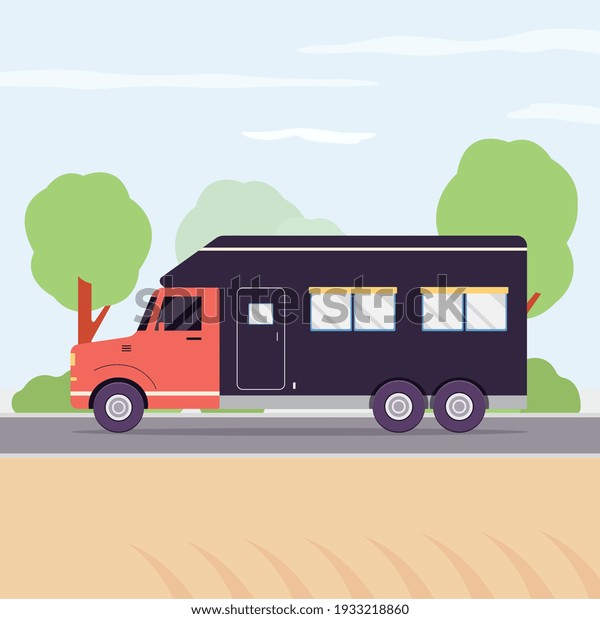 Trailer van car on summer road - blue and red\
transport vehicle riding past trees on nature background. Flat\
vector illustration of camper home\
ride.