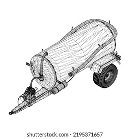 Trailer wireframe with a tank made of black lines isolated on a white background. Isometric view. 3D. Vector illustration.